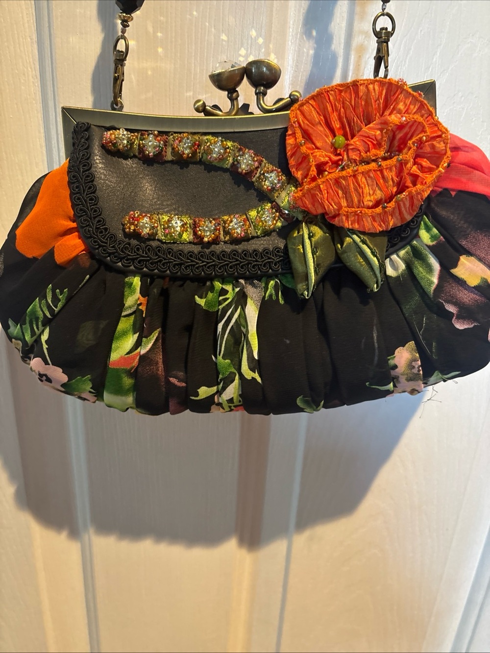 Mary Frances Red Green Multicolor Floral Beaded Strap Clutch - Picture 5 of 14